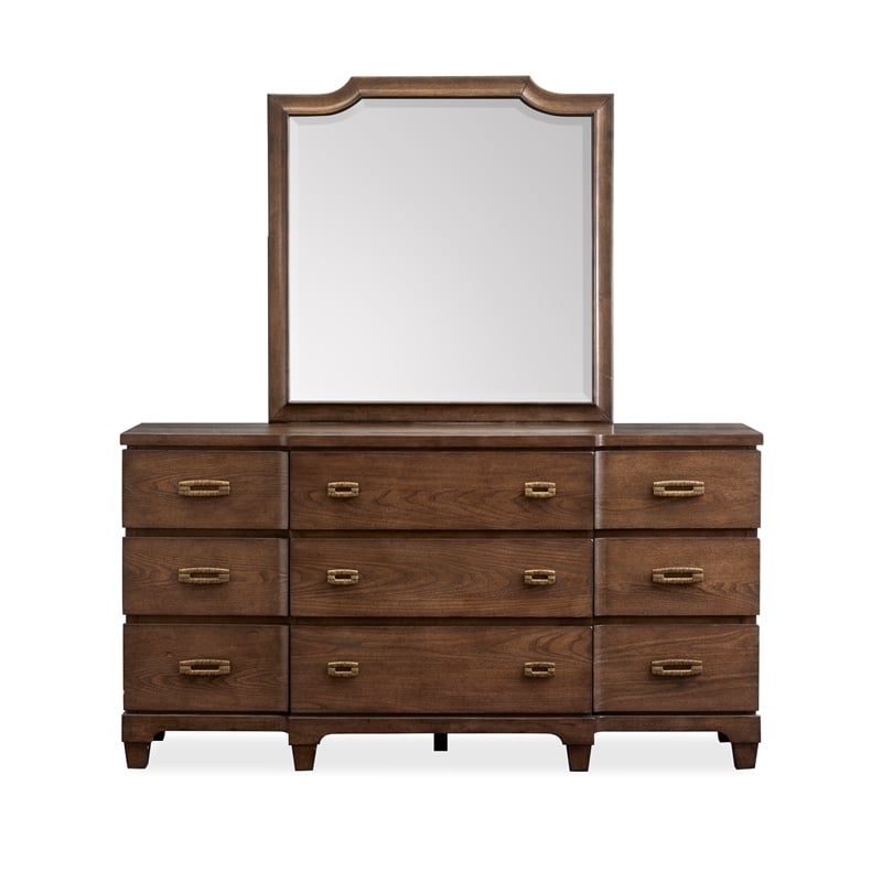 Bowery Hill 9-Drawer Dresser With Shaped Mirror in Spiced Rum
