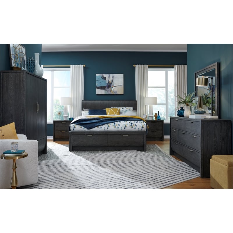 Bowery Hill King Panel Storage Bed in Black Heron With 2 Drawers