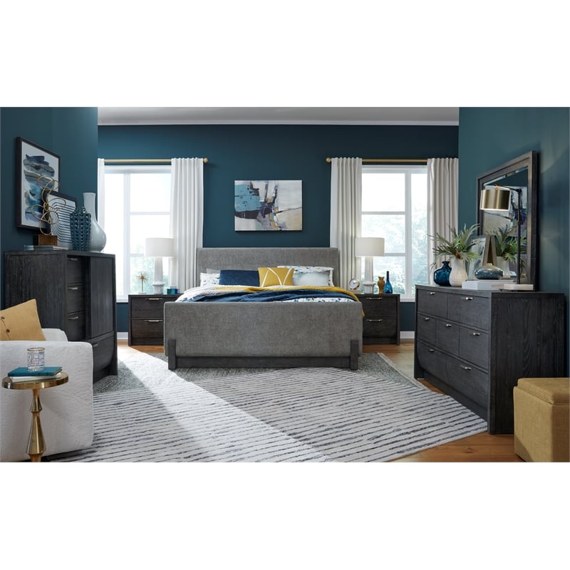 Bowery Hill King Upholstered Panel Bed in Black Heron With Oslo Pewter