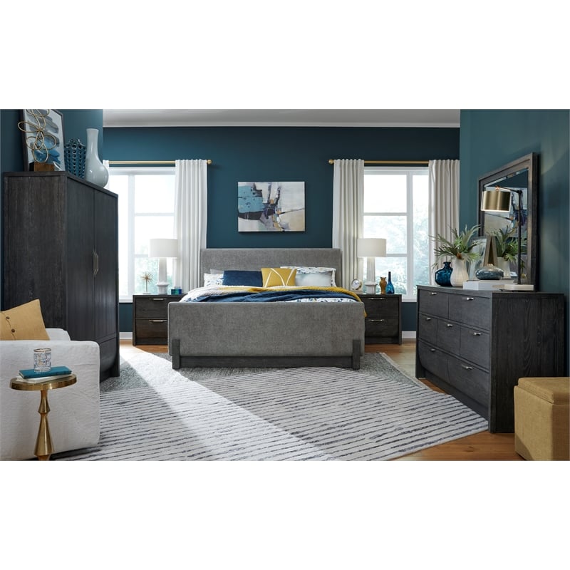 Bowery Hill King Upholstered Panel Bed in Black Heron With Oslo Pewter