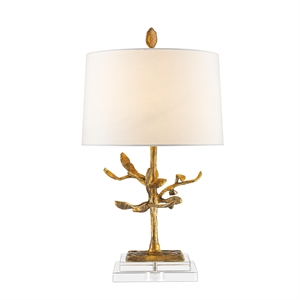 Bowery Hill Metal Table Lamp with White Linen Shade in Gold Leaf