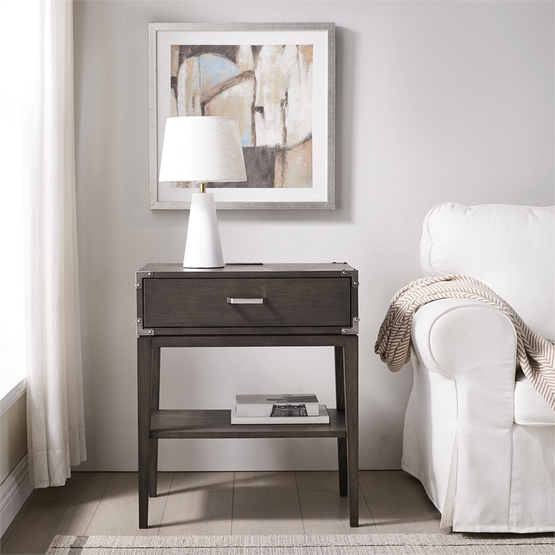 Bowery Hill Wood Drawer Nightstand Table with AC/USB Charger in Gray