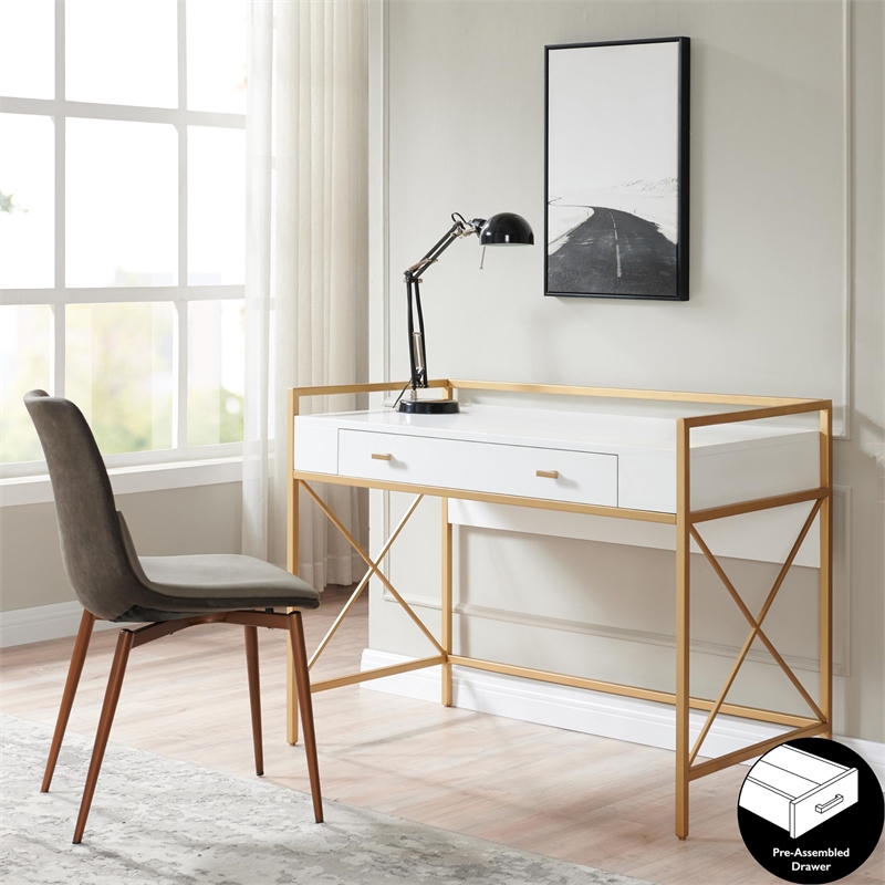 Bowery Hill Desk with Drop Front Keyboard Drawer in White/Satin Gold