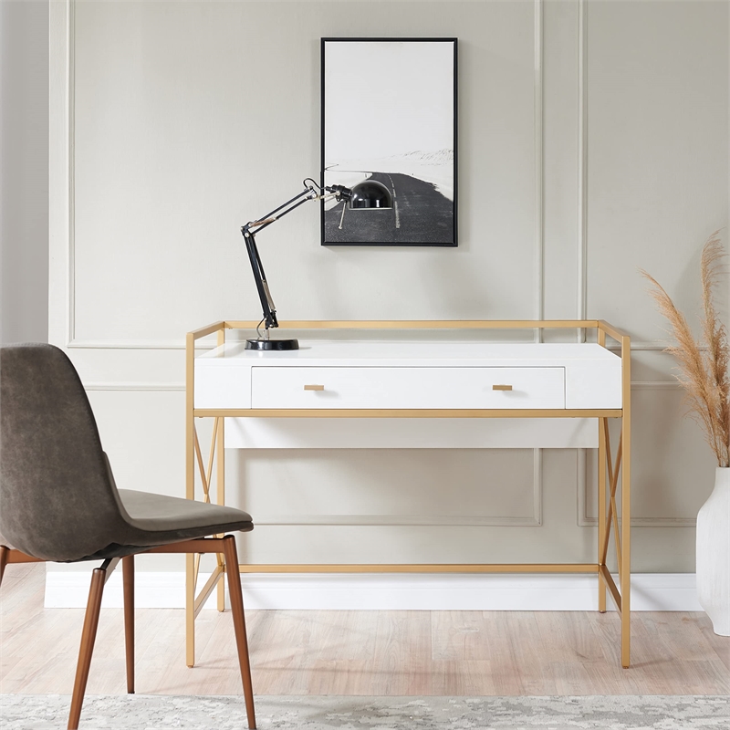 Bowery Hill Desk with Drop Front Keyboard Drawer in White/Satin Gold