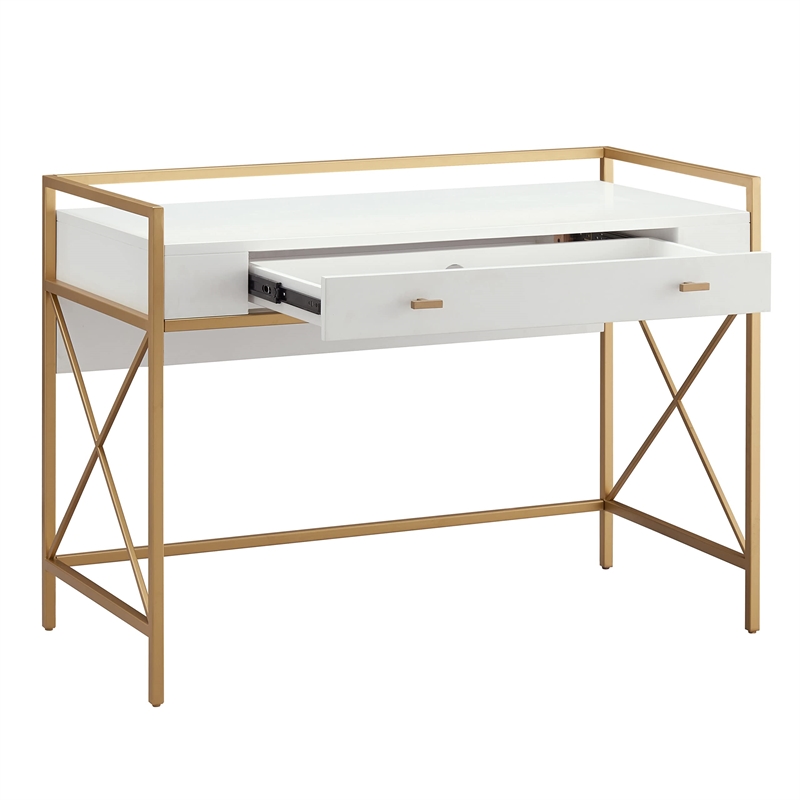 Bowery Hill Desk with Drop Front Keyboard Drawer in White/Satin Gold