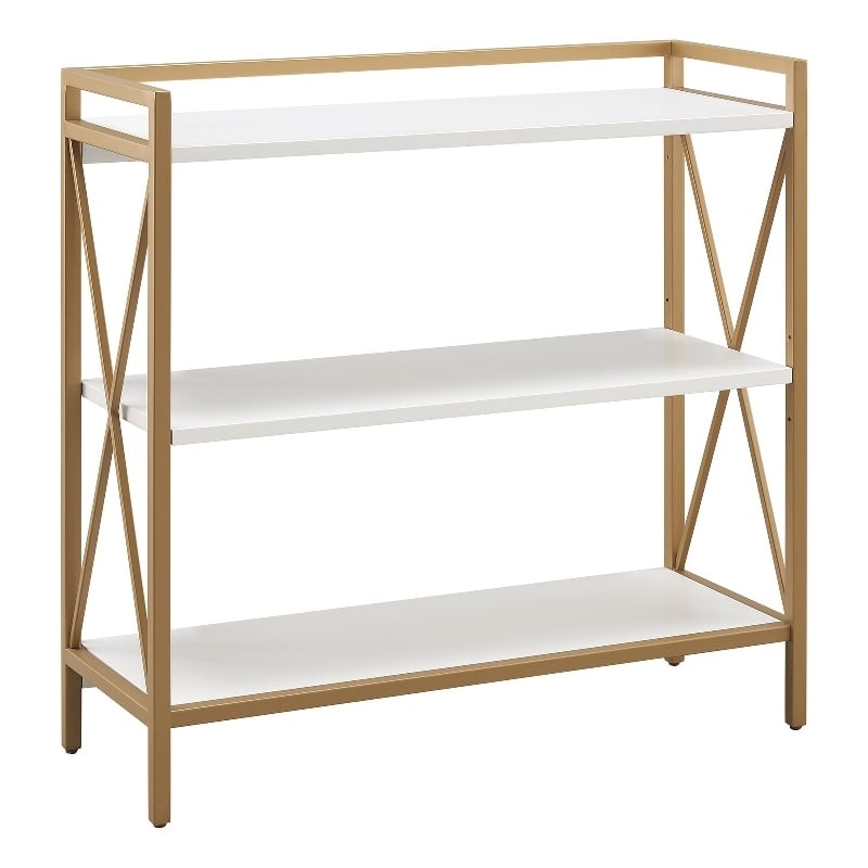Bowery Hill Mixed Metal and Wood Bookshelf with Gallery Rail in White/Gold