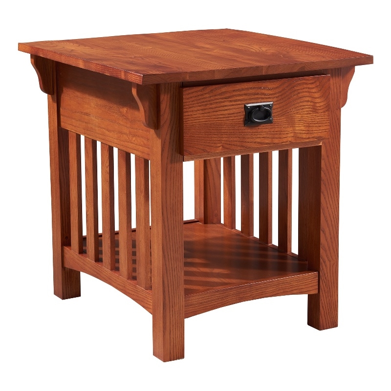 Bowery Hill Solid Wood Mission Side Table with Locking Drawer in Medium Oak
