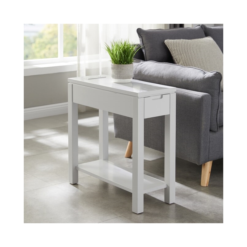 Bowery Hill Solid Wood End Table with Drawer and AC/USB Outlet in Gray