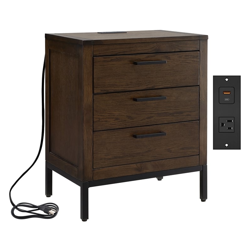 Bowery Hill 3-Drawer Wood Nightstand Table with AC/USB Charging in Espresso