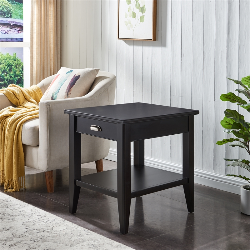 Bowery Hill Solid Wood End Table with Drawer and Display Shelf in Black
