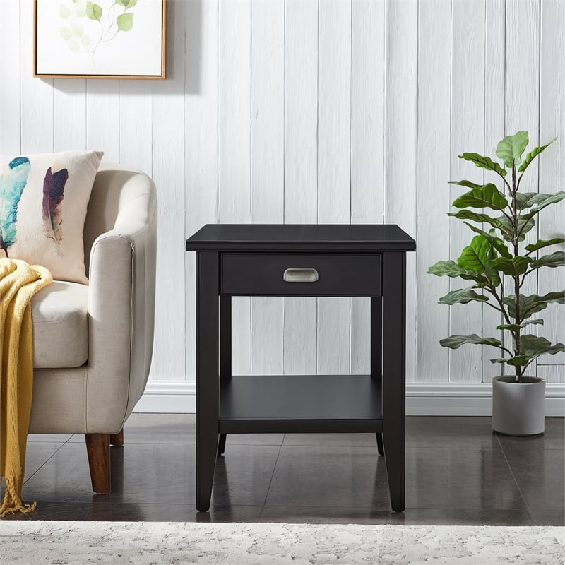 Bowery Hill Solid Wood End Table with Drawer and Display Shelf in Black