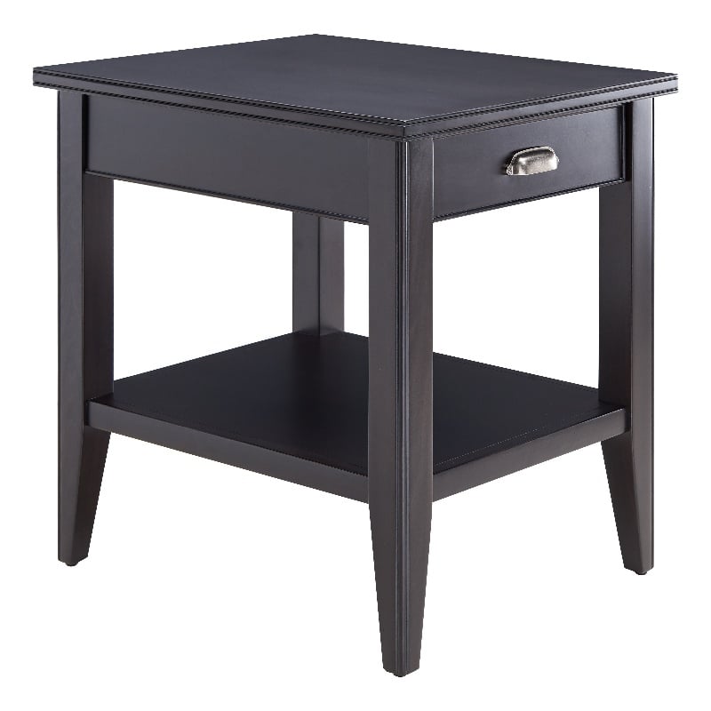 Bowery Hill Solid Wood End Table with Drawer and Display Shelf in Black
