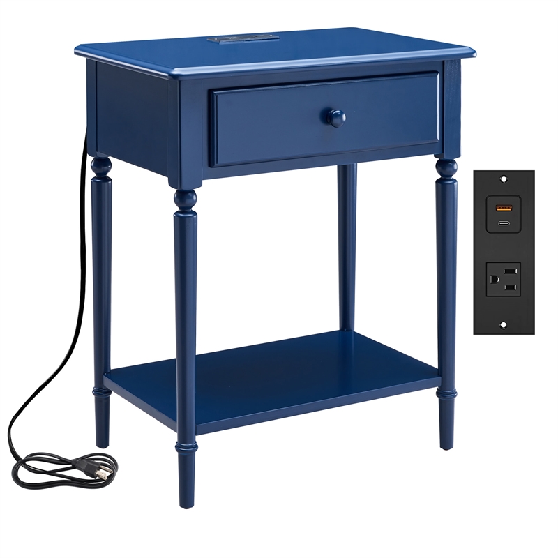 Bowery Hill Wood Nightstand Side Table with AC/USB Charger in Navy Blue