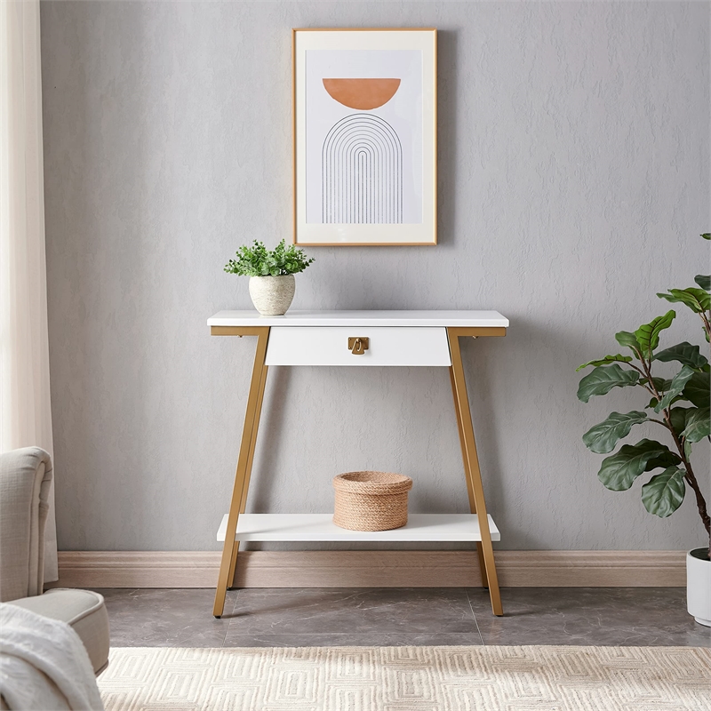 Bowery Hill Wood and Metal Console Table with Drawer in White