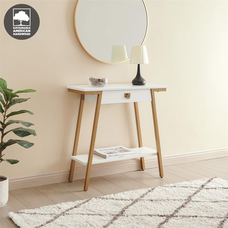 Bowery Hill Wood and Metal Console Table with Drawer in White