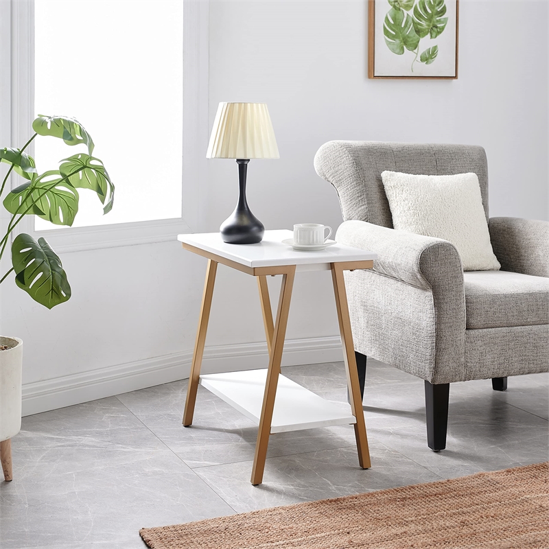 Bowery Hill Narrow Wood Side Table with Metal Frame in White