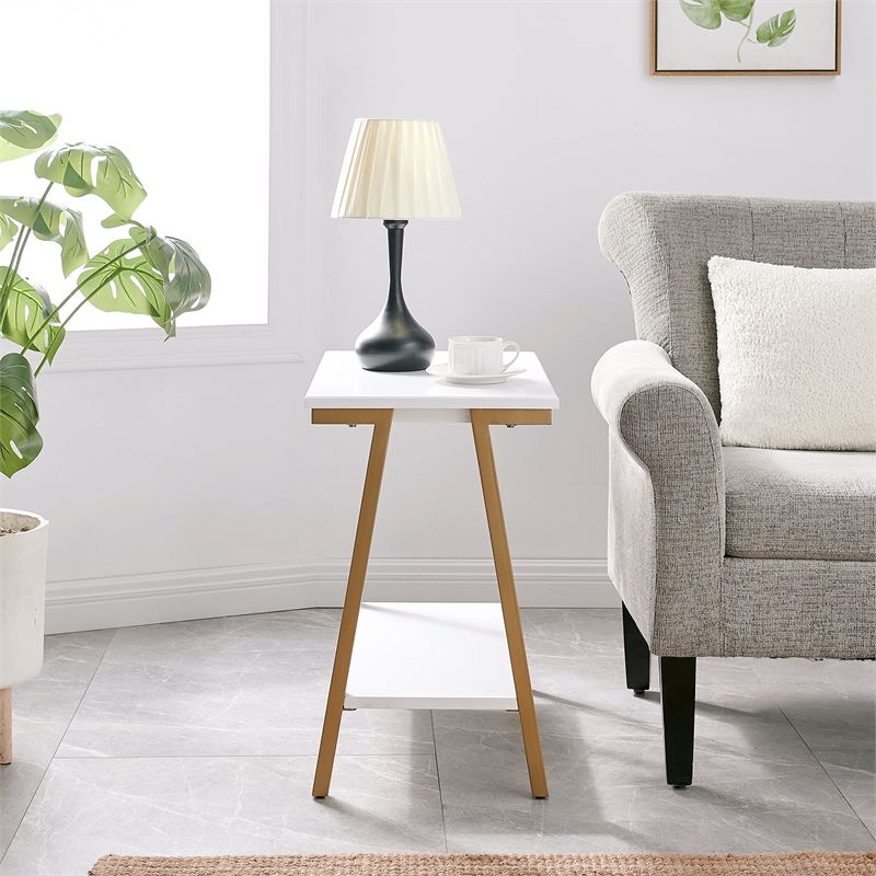 Bowery Hill Narrow Wood Side Table with Metal Frame in White