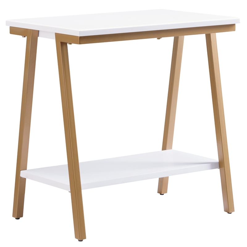 Bowery Hill Narrow Wood Side Table with Metal Frame in White