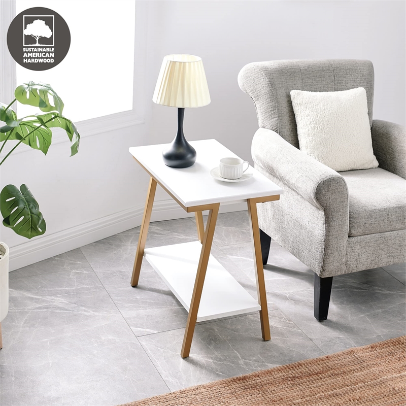 Bowery Hill Narrow Wood Side Table with Metal Frame in White