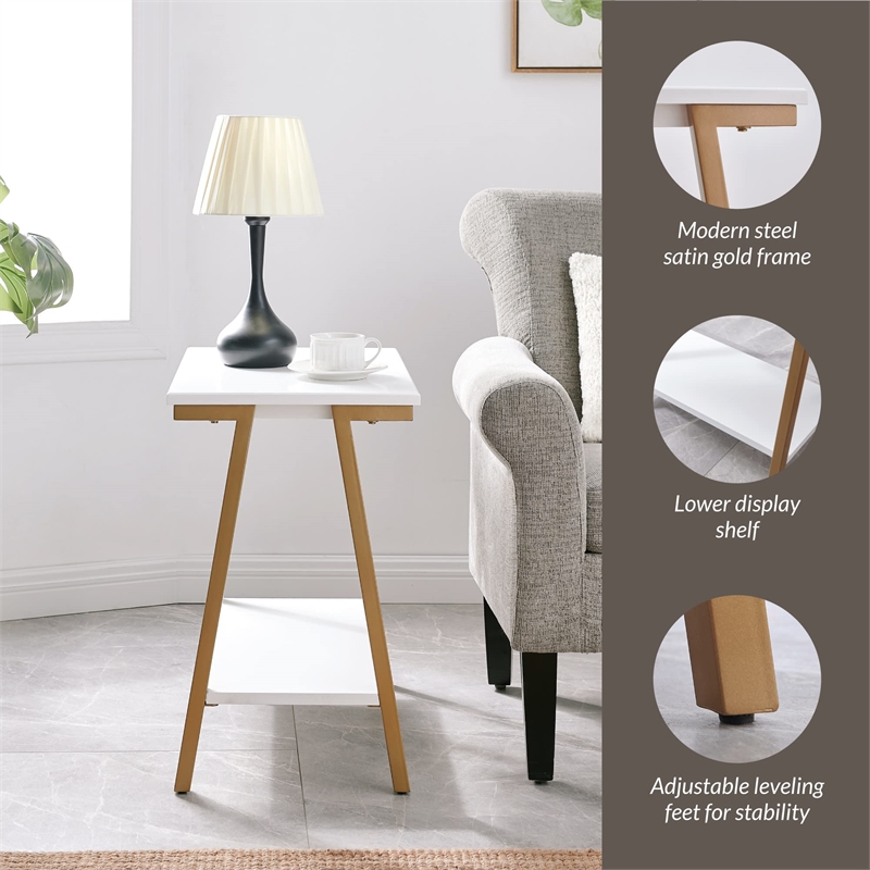 Bowery Hill Narrow Wood Side Table with Metal Frame in White