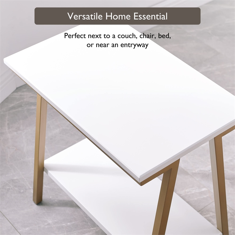 Bowery Hill Narrow Wood Side Table with Metal Frame in White