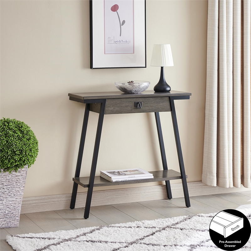 Bowery Hill Wood and Metal Console Table with Drawer in Gray