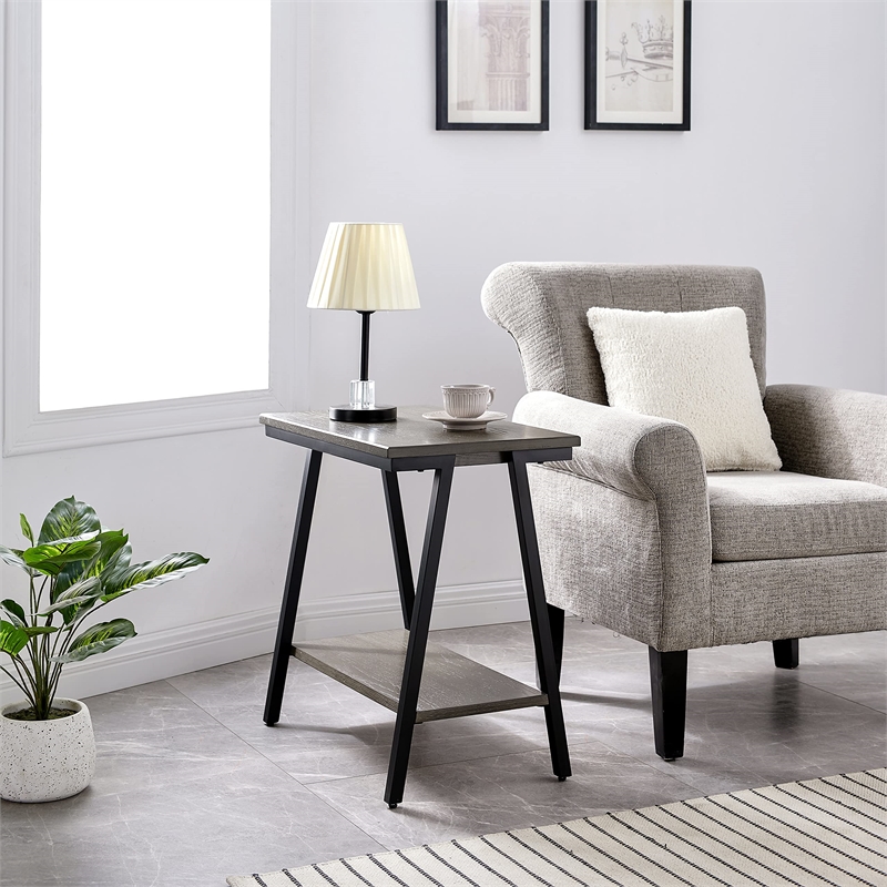 Bowery Hill Contemporary Narrow Wood Side Table with Metal Frame in Gray