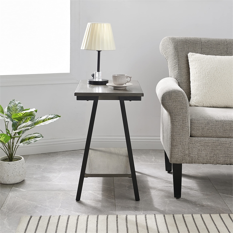 Bowery Hill Contemporary Narrow Wood Side Table with Metal Frame in Gray