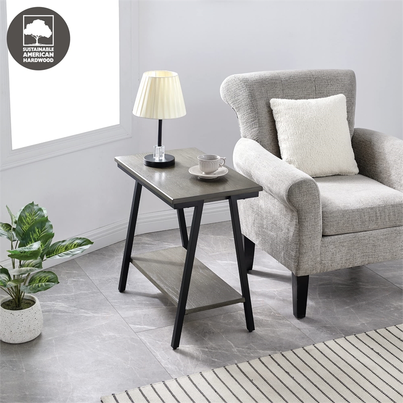 Bowery Hill Contemporary Narrow Wood Side Table with Metal Frame in Gray