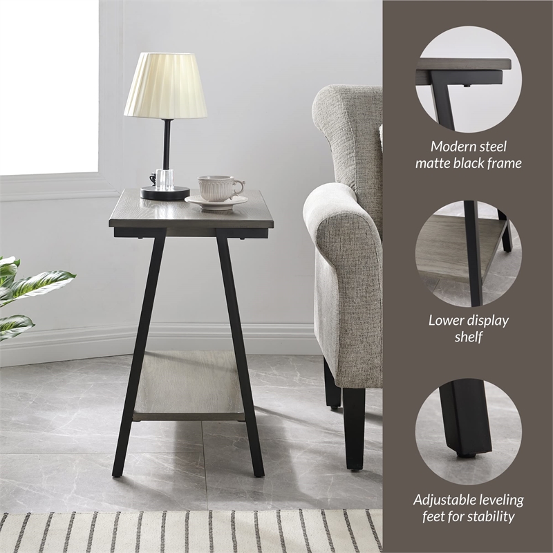 Bowery Hill Contemporary Narrow Wood Side Table with Metal Frame in Gray