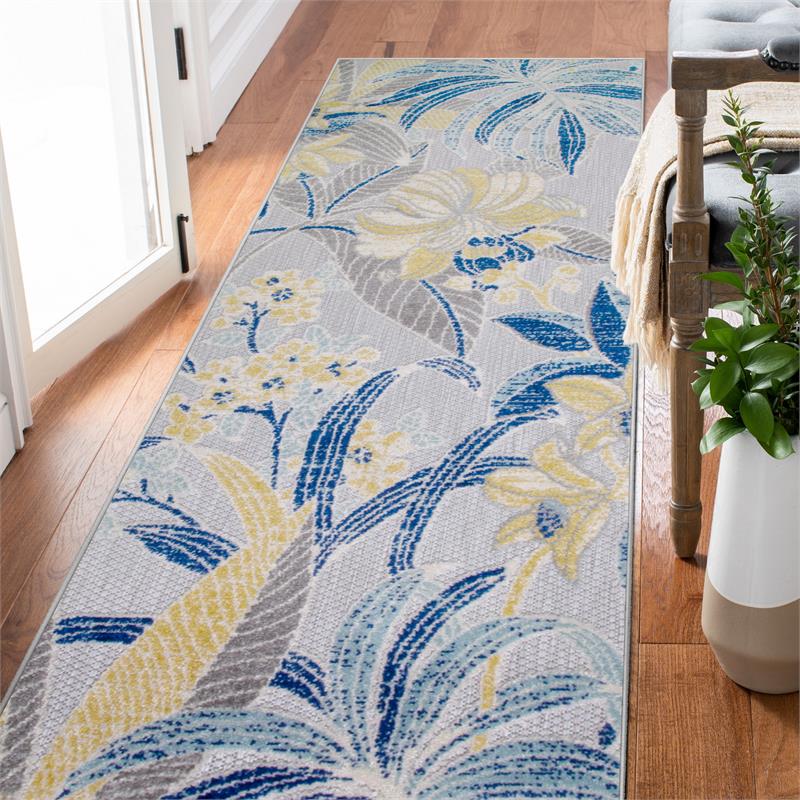Bowery Hill Floral Indoor Outdoor Area Rug Runner 2' x 8' in Gray/Gold/Blue