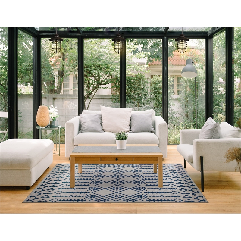 Bowery Hill Gray with Blue Moroccan Indoor Outdoor Area Rug 3' x 5'