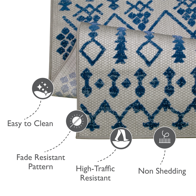 Bowery Hill Gray with Blue Moroccan Indoor Outdoor Area Rug 4' x 6'