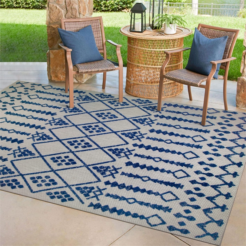 Bowery Hill Gray with Blue Moroccan Indoor Outdoor Area Rug 5'3