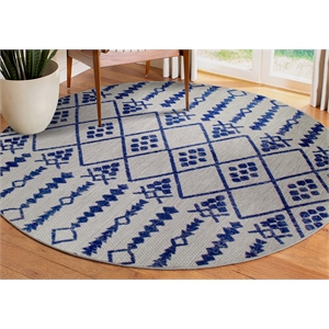 Bowery Hill Gray with Blue Moroccan Indoor Outdoor Round Area Rug 5'3&quot