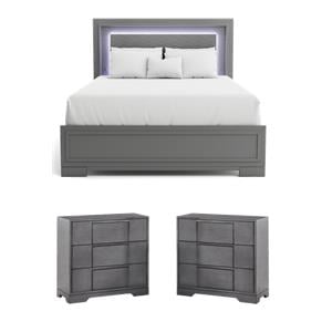 Bowery Hill Queen Bed and 2 Nightstands Set in Gray Solid Wood