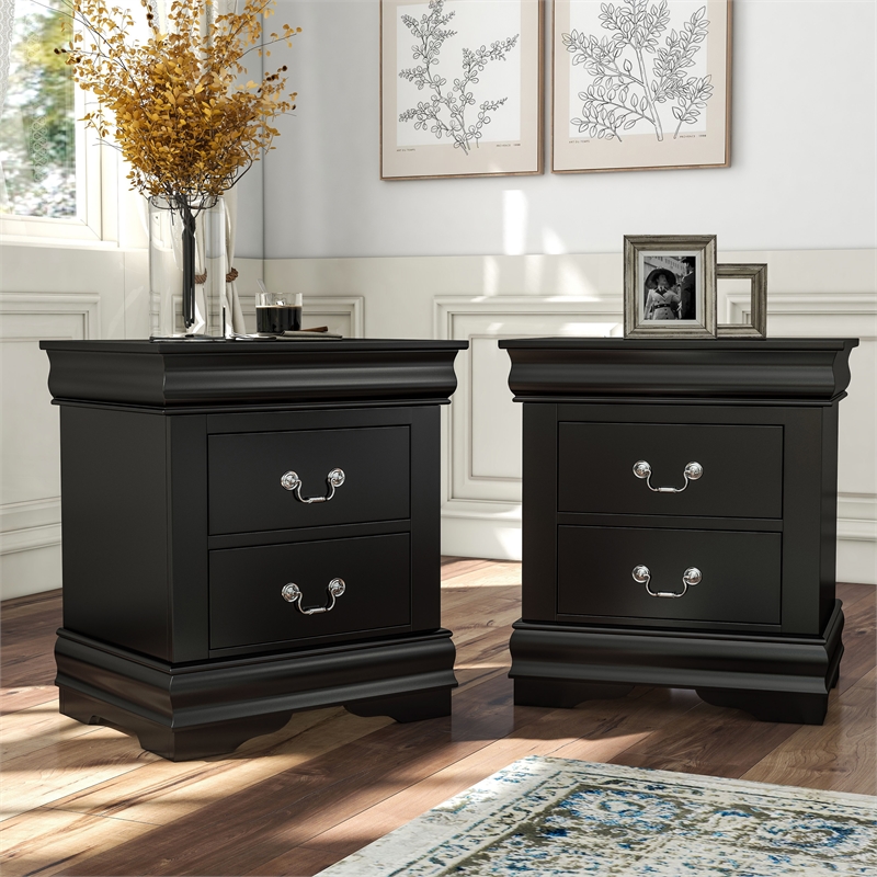 Bowery Hill Transitional Queen Bed and 2 Nightstands Set in Black
