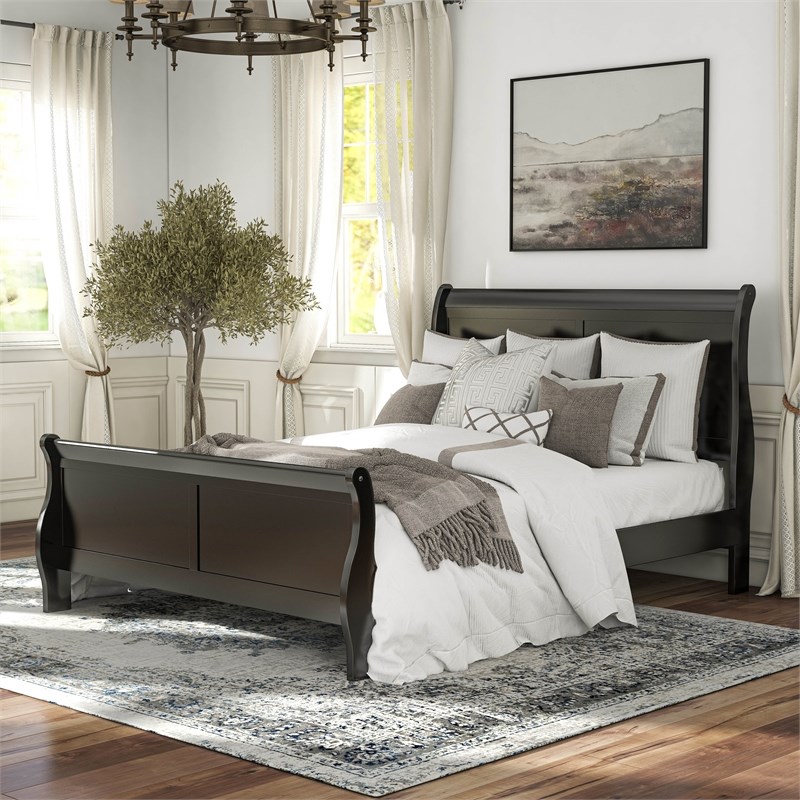 Bowery Hill Transitional Queen Bed and 2 Nightstands Set in Black