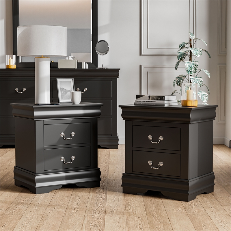 Bowery Hill Transitional Queen Bed and 2 Nightstands Set in Black