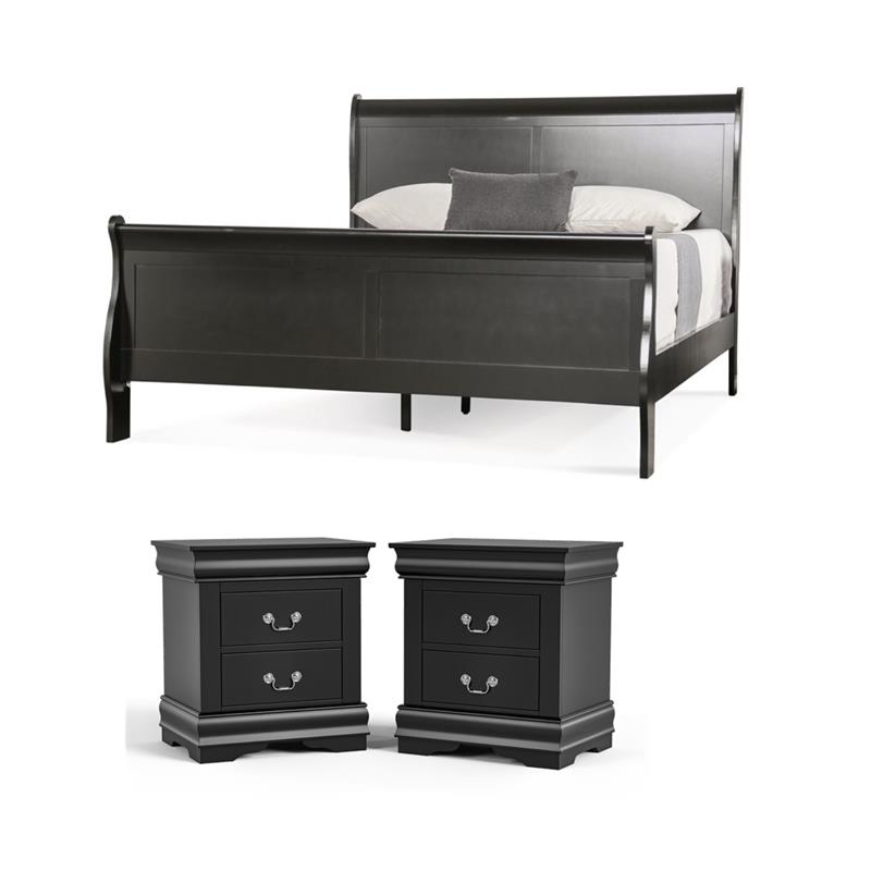 Bowery Hill Transitional Queen Bed and 2 Nightstands Set in Black