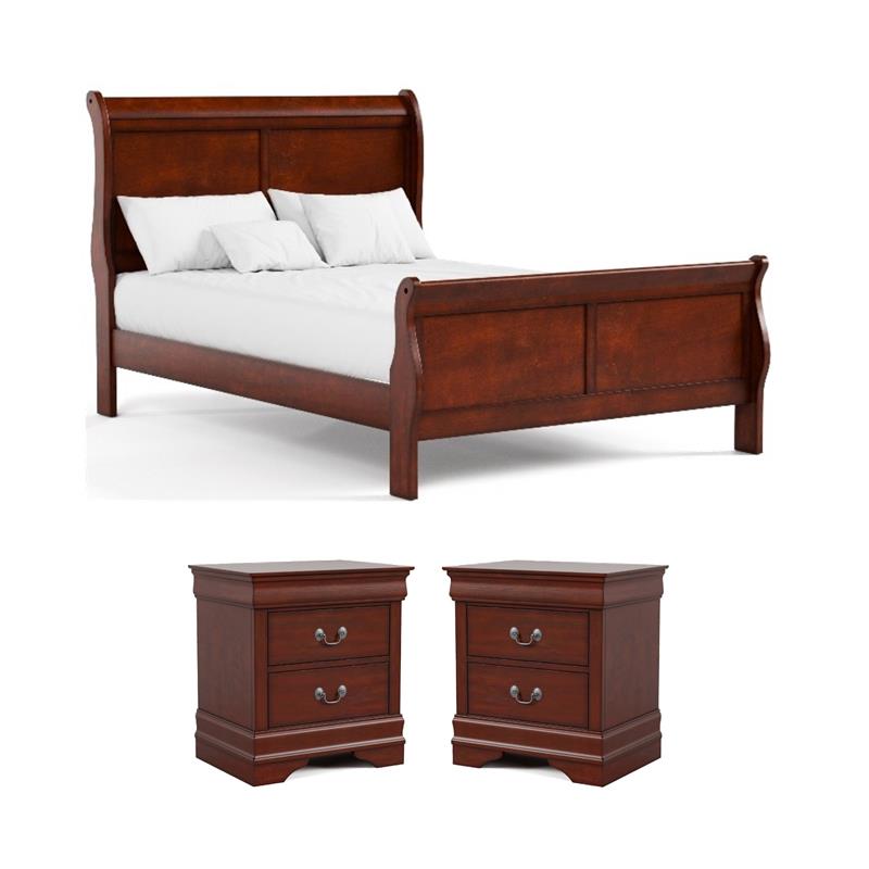 Bowery Hill Cherry Sleigh Bed and 2 Nightstands Set