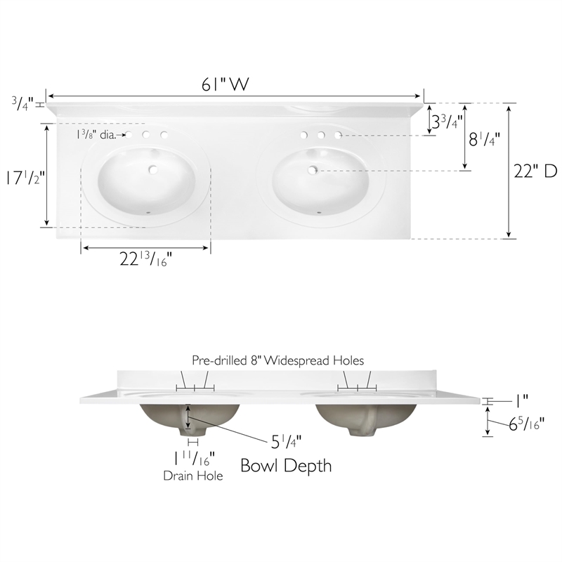 Bowery Hill 61 Inch Marble Double Bowl Widespread Vanity Top in Solid White