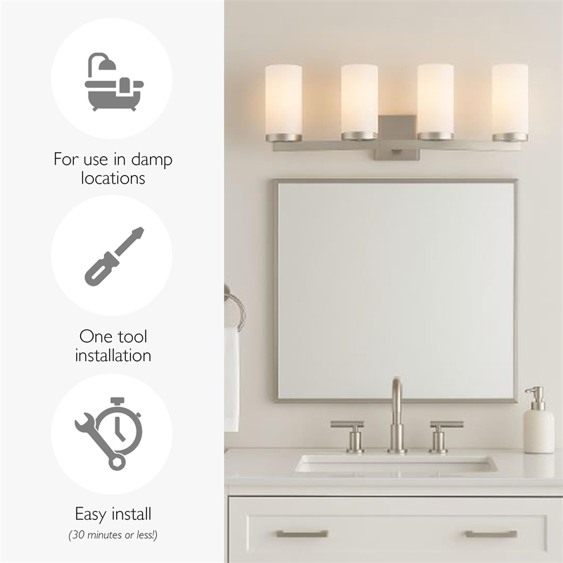 Bowery Hill 4-Light Transitional Glass Vanity Bar in Satin Nickel