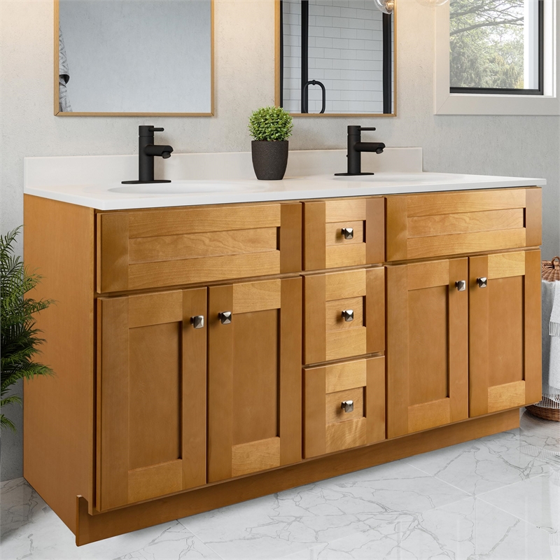 Bowery Hill Vanity in Modern Birch with Marble Top Fully Assembled 61