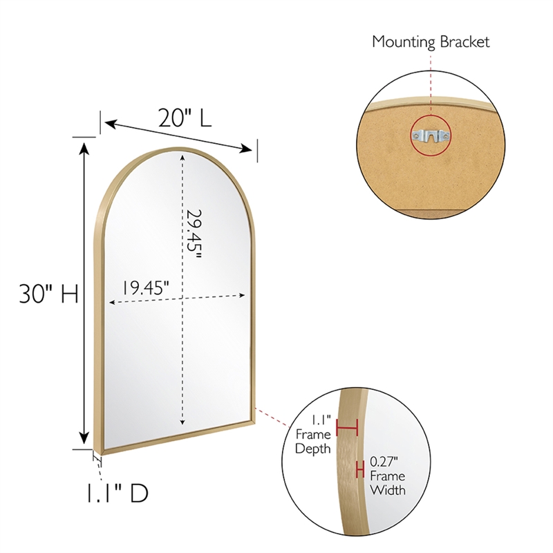 Bowery Hill Arched Decorative Wall Mirror with Gold Frame 30