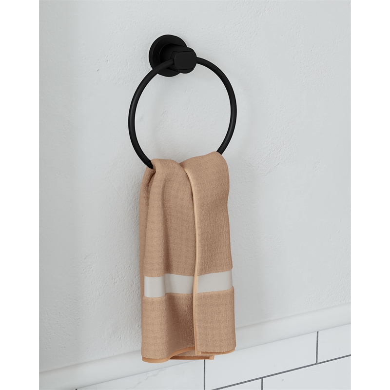 Bowery Hill Modern Metal Bathroom Towel Ring in Matte Black 7.1-Inch
