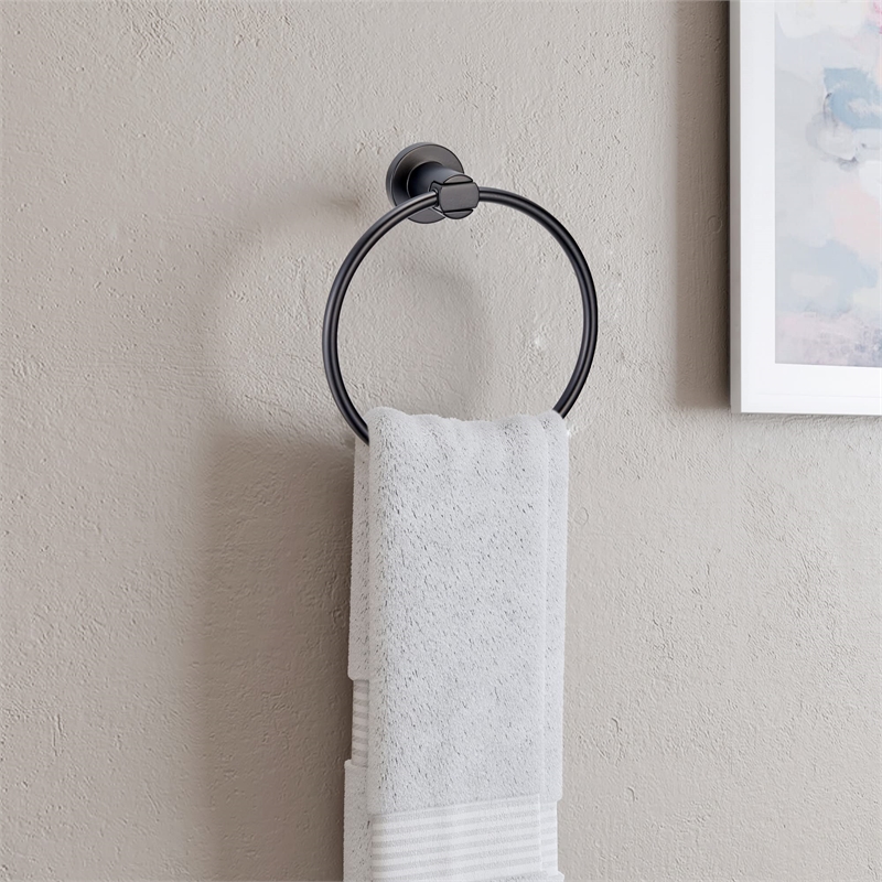 Bowery Hill Modern Metal Bathroom Towel Ring in Matte Black 7.1-Inch