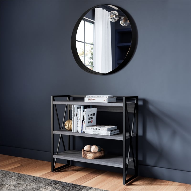 Bowery Hill Round Wall Mirror with Black Metal Iron Frame 36-Inch