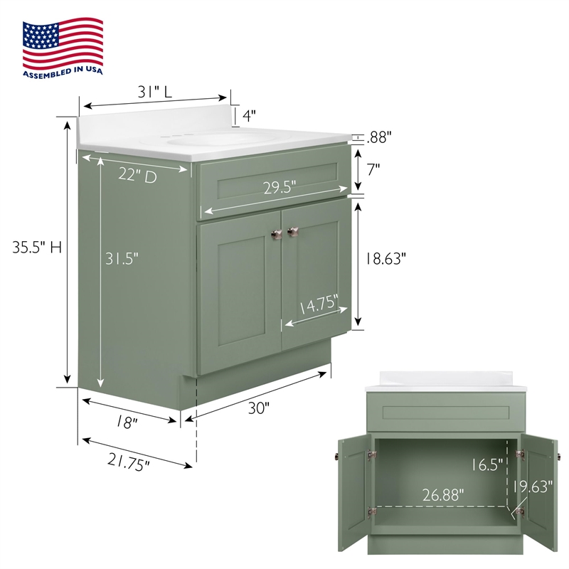 Bowery Hill 31-Inch Bath Vanity - Evergreen Fog Base and Solid White Top