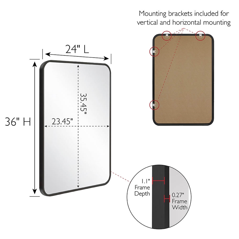 Bowery Hill 36x24 Inch Rounded Corner Wall Mirror with Black Frame